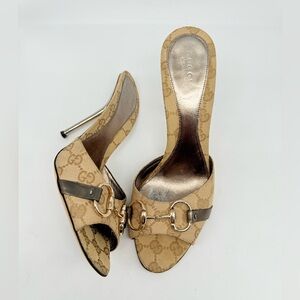 Gucci Beige Brown Gunmetal Grey GG supreme monogram horsebit mules heels Y2K 9.5
